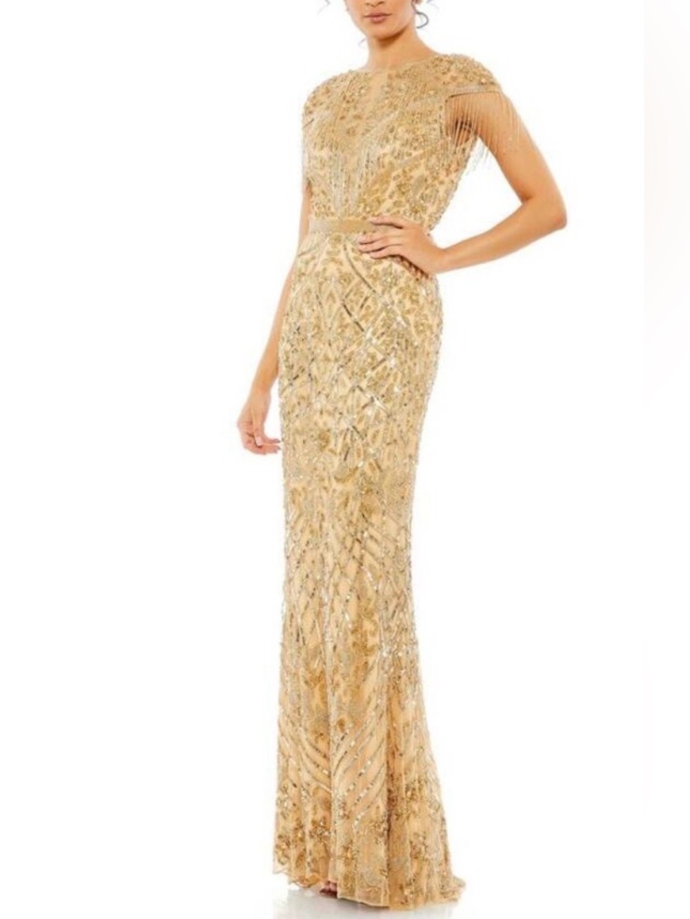 Mac Duggal 4715 Size 14 Gold Beaded Sequin Fringe Dress
